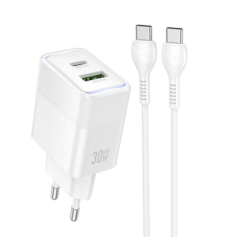 СЗУ Hoco CS112A Lounge PD30W+QC3.0 (1USB-A/1C) + кабель Type-C to Type-C – White. Фото 1 из 4