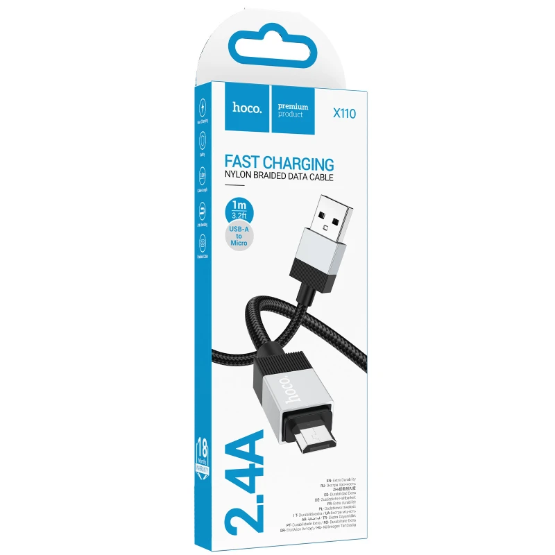 Дата кабель Hoco X110 Honorific USB to MicroUSB 2.4A (1m) – Black. Фото 2 из 5