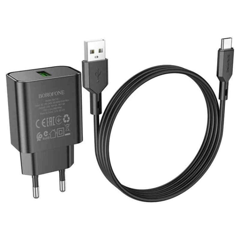 СЗУ Borofone BA72A Spring QC3.0 USB to Type-C – Black. Фото 2 из 4