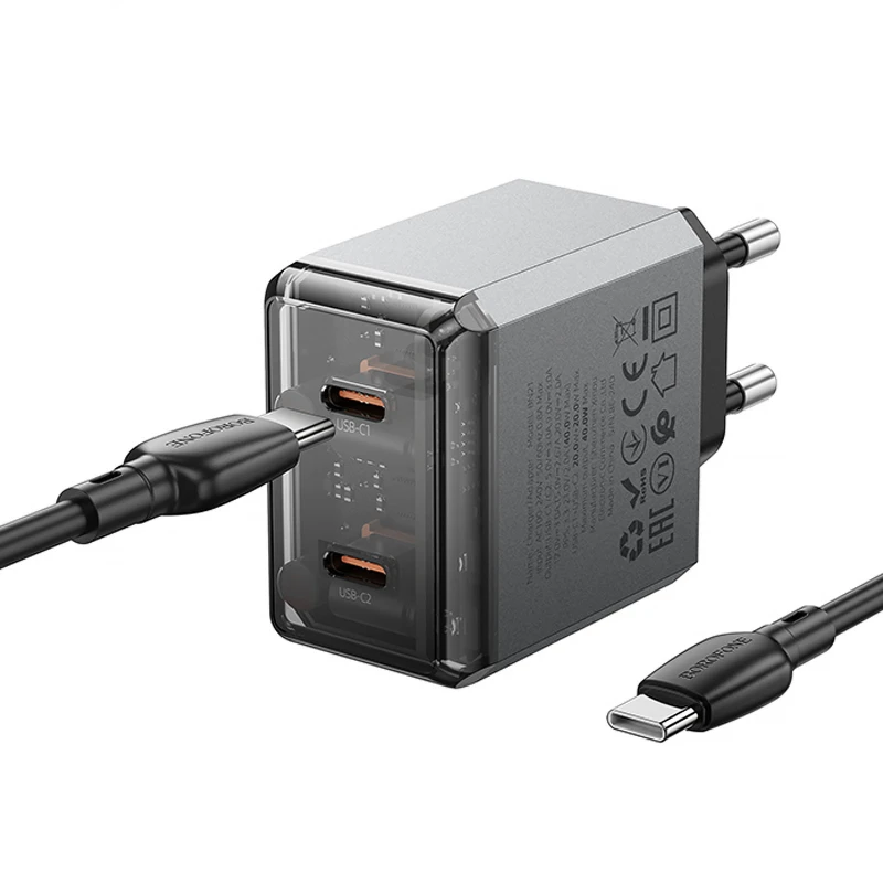 СЗУ Borofone BN21 Lena PD40W+QC3.0 (2USB-C) + кабель Type-C to Type-C – Metal gray. Фото 4 из 6