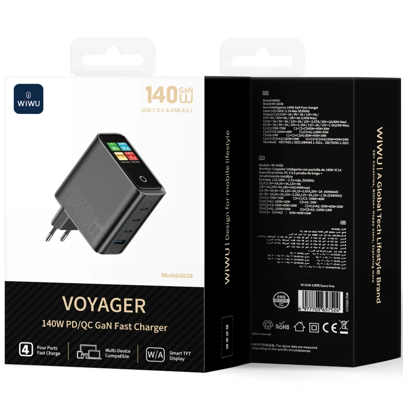 МЗП WIWU G028 Intelligent PD140W+QC3.0 GaN (1USB-A/3C) – Black. Фото 3 з 3