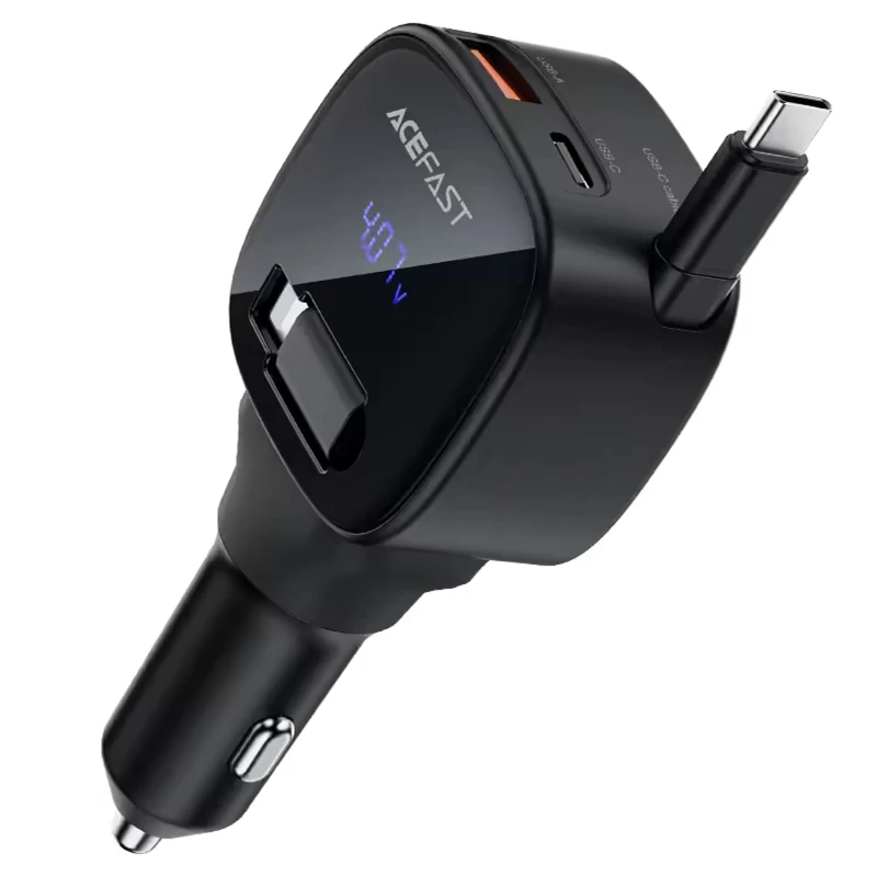 АЗП Acefast B17 PD30W+QC3.0 total 95W (1USB-A/1C) with retractable cable Type-C – Black. Фото 1 з 4