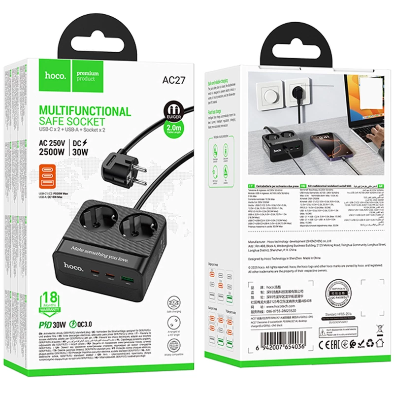 Удлинитель Hoco AC27 Descanso (PD30W/2C/1A/2xSocket) (2m) – Black. Фото 5 из 5