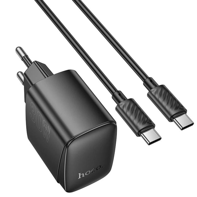 СЗУ Hoco CS61A Bright PD30W+QC3.0 (1USB-A/1C) + кабель Type-C to Type-C – Black. Фото 2 из 6