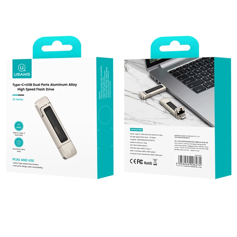 Флеш накопичувач USAMS US-ZB279 USB3.2+Type-C GEN1 Dual Ports Aluminum Alloy 10G Flash Drive 256G – silver. Фото 6 з 7