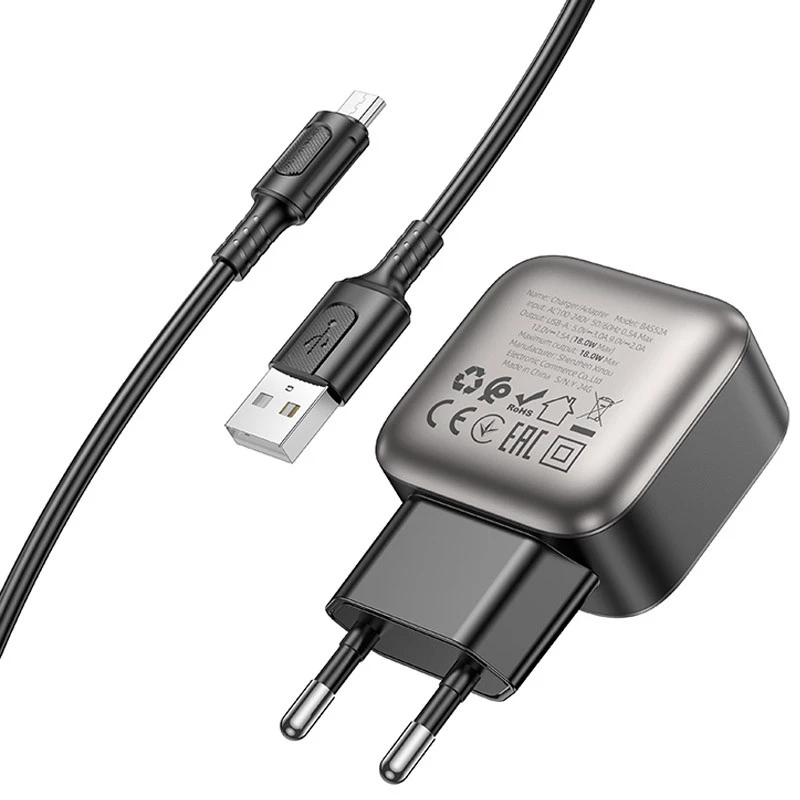 МЗП Borofone BAS52A Absolute QC3.0 (1USB-A) + кабель USB to MicroUSB – Black. Фото 3 з 9