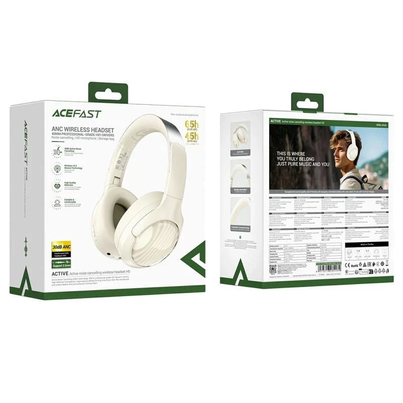 Накладные беспроводные наушники Acefast H5 ANC – Milky White. Фото 3 из 3