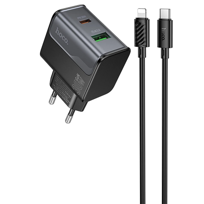 СЗУ Hoco CS73A Star Speed PD30W+QC3.0 (1USB-A/1C) + кабель Type-C to Lightning – Midnight Black. Фото 1 из 5