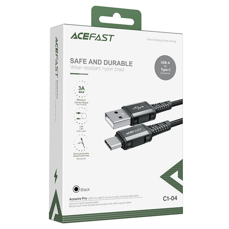 Дата кабель Acefast C1-04 USB to Type-C 3A (1.2m) – Black. Фото 3 з 3