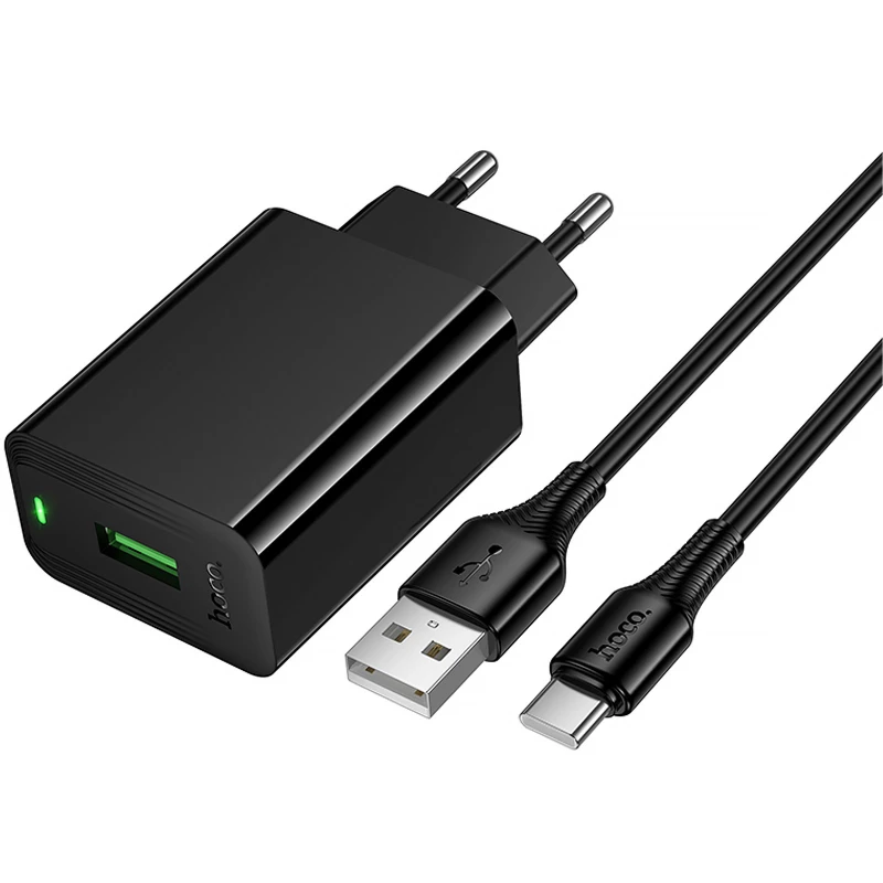 МЗП Hoco CS92A Leader 18W+QC3.0 (1USB-A) + кабель USB to Type-C – Black. Фото 2 з 7