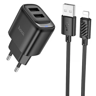 МЗП Hoco C141A Smart 2.1A (2USB-A) + кабель USB to Lightning — Black