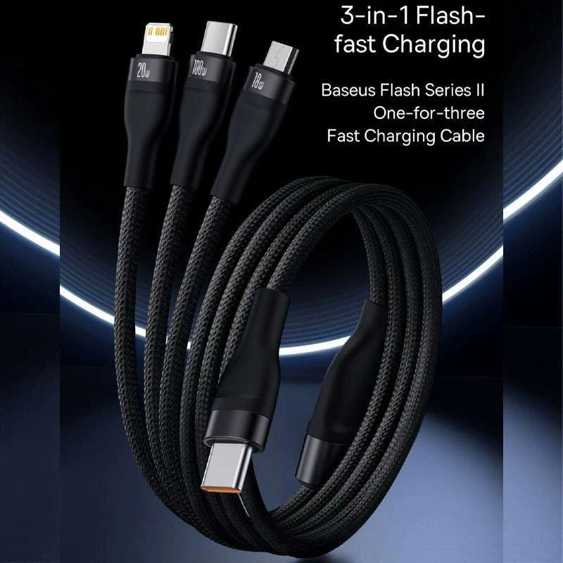 Baseus Flash Series 2 – 3in1 USB Kabel Mit USB-C, Micro USB & Lightning (100W, 1,2m, Schwarz)