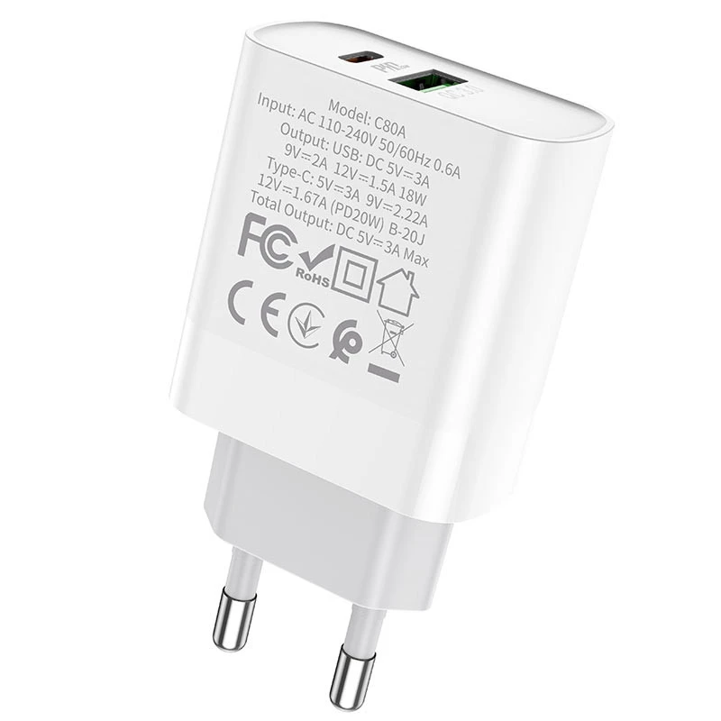 МЗП HOCO C80A Rapido PD20W+QC3.0 Type-C + USB – Білий. Фото 4 з 5