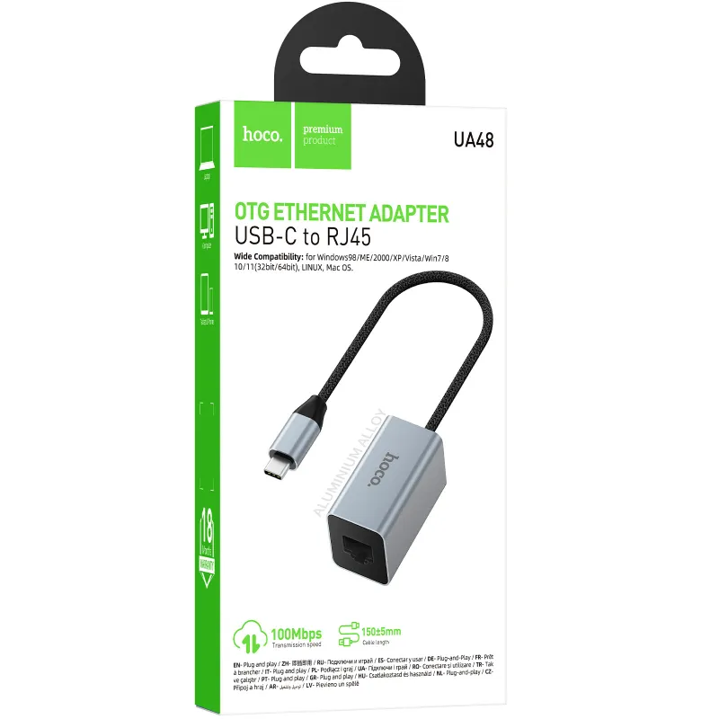 Переходник Hoco UA48 Type-C to RJ45 100 Mbs (0.15m) – Metal gray. Фото 2 из 6
