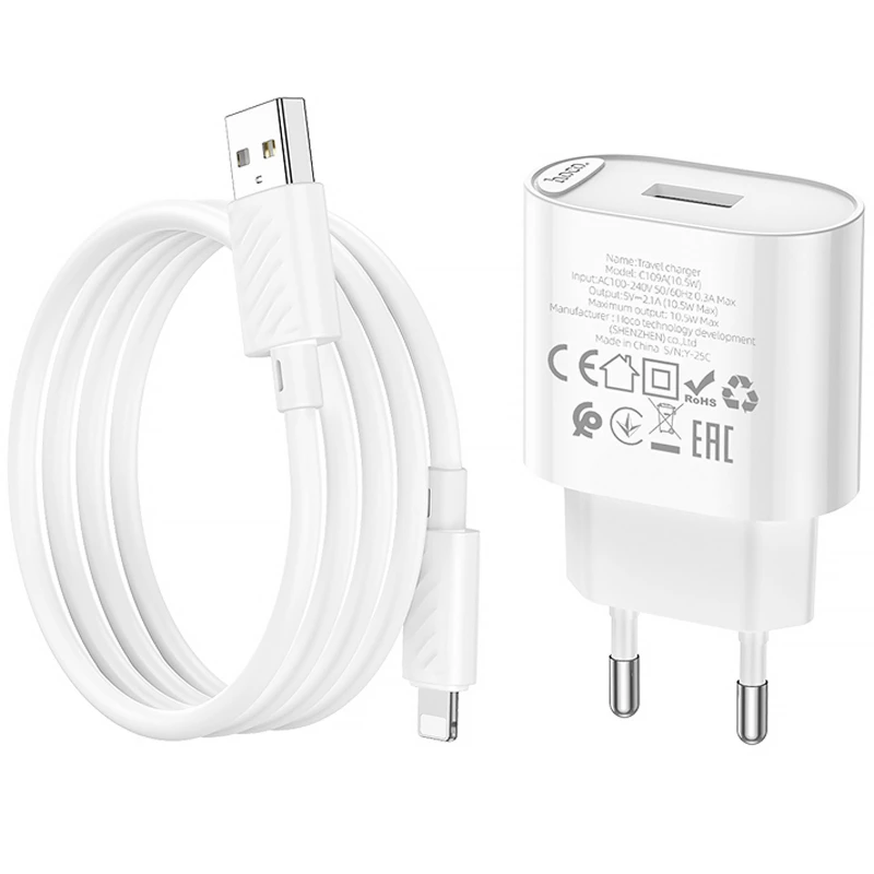 МЗП Hoco C109A Fighter 10.5W (1USB-A) + кабель USB to Lightning – White. Фото 6 з 6