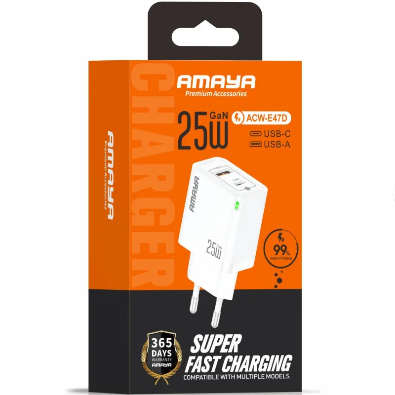 СЗУ Amaya E47D PD25W+QC3.0 GaN (1USB-A/1C) – White. Фото 2 из 2