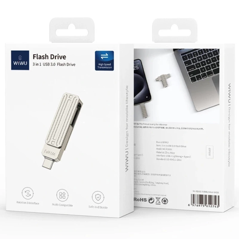 Флеш-драйв USB 3.0 Flash Drive WIWU Wi-FD001 3 in 1 32GB – silver. Фото 6 з 6