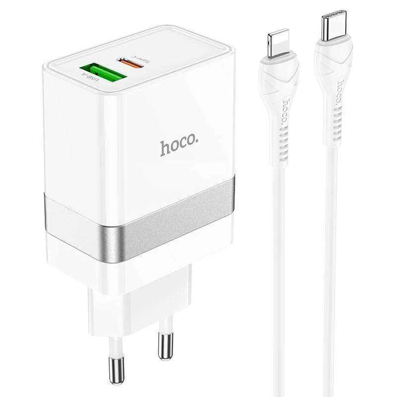 

СЗУ Hoco N21 Topspeed PD30W+QC3.0 (1USB/1Type-C/3A) + Type-C to Lightning (Белый), Білий