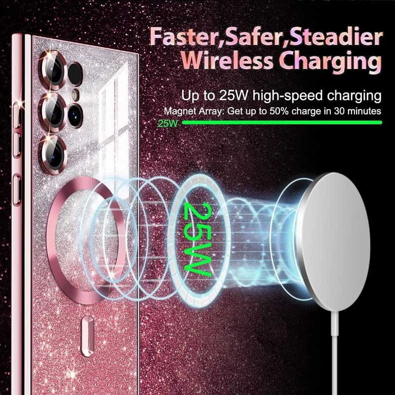 Чохол з блискітками, захисними лінзами на камеру та MagSafe на Samsung Galaxy S22 Ultra – Рожевий / Rose Gold. Фото 4 з 4
