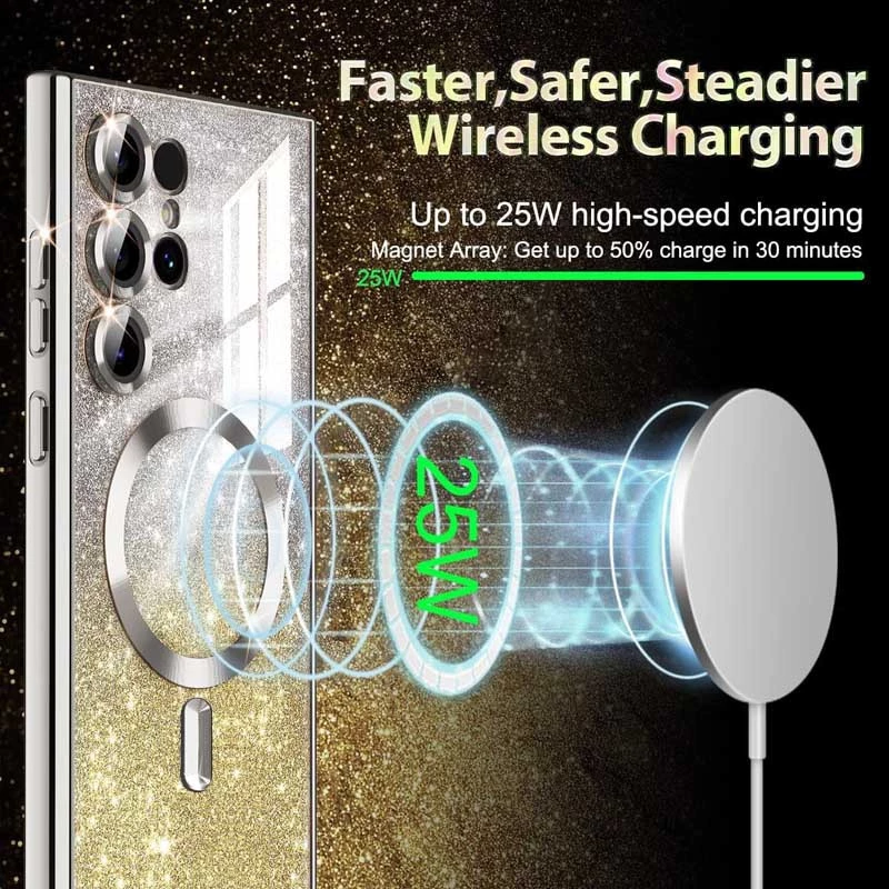 Чехол с блесками, защитными линзами на камеру и MagSafe для Samsung Galaxy S25 – Золотой / Gold. Фото 9 из 12