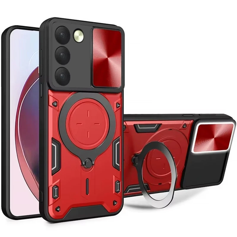 Ударопрочный чехол Bracket Ringstand с защитной шторкой для камеры для Xiaomi Redmi 15 (EU) – Red. Фото 1 из 1