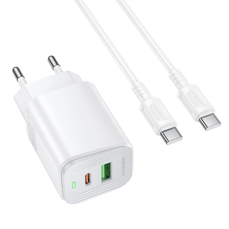 МЗП Borofone BAS83A Star PD20W+QC3.0 (1USB-A/1C) + кабель Type-C to Type-C – White. Фото 1 з 4