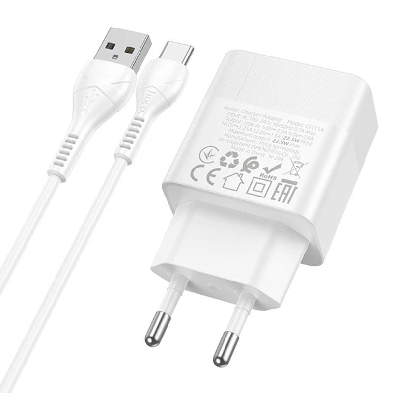 СЗУ Hoco CS111A Lounge PD22.5W (1USB-C) + кабель USB to Type-C – White. Фото 3 из 4