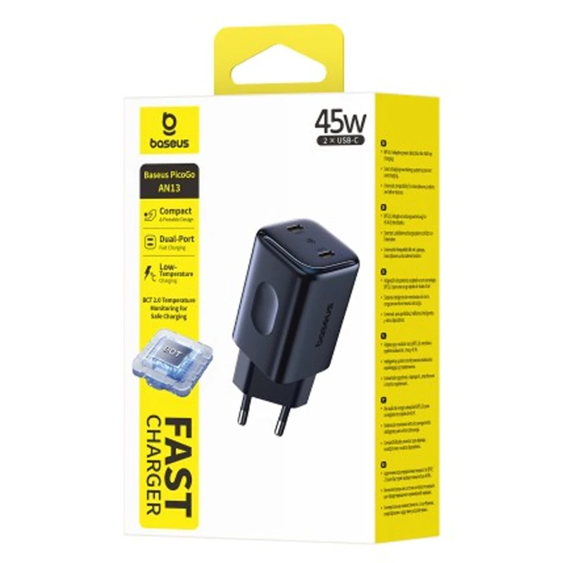 МЗП Baseus PicoGo AN13 Fast Charger 45W (2USB-C) (E0121F) – Cosmic Black. Фото 4 з 4