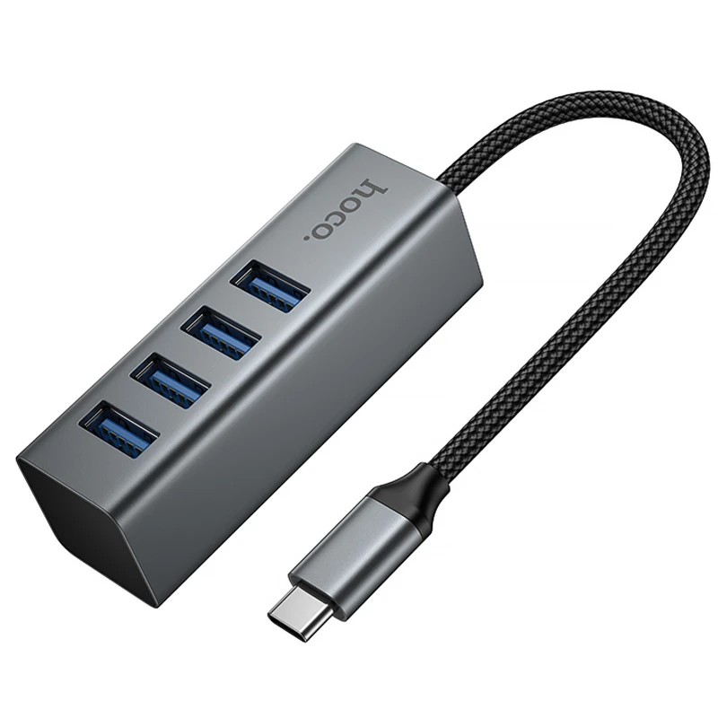 Переходник HUB Hoco HB1C 4in1 (Type-C to 4xUSB 3.0) (0.2m) – Metal gray. Фото 3 из 7