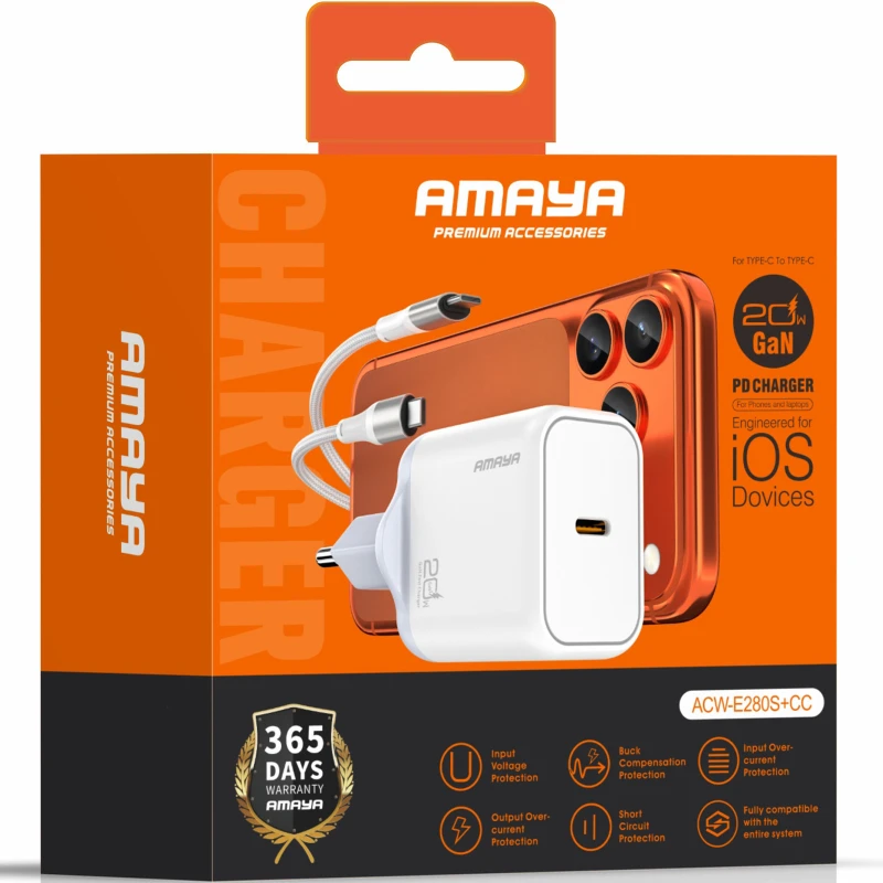СЗУ Amaya E280S PD20W GaN (1USB-C) + кабель Type-C to Type-C – White. Фото 2 из 2