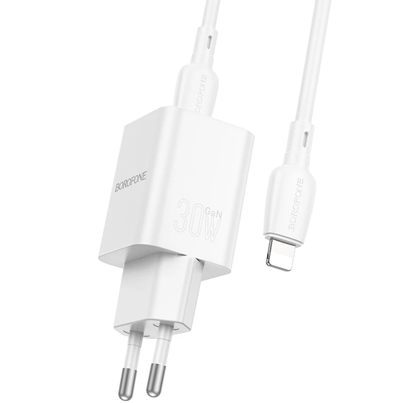 СЗУ Borofone BN14 Royal PD30W+QC3.0 (1USB-A/1C) + кабель Type-C to Lightning – White. Фото 3 из 4
