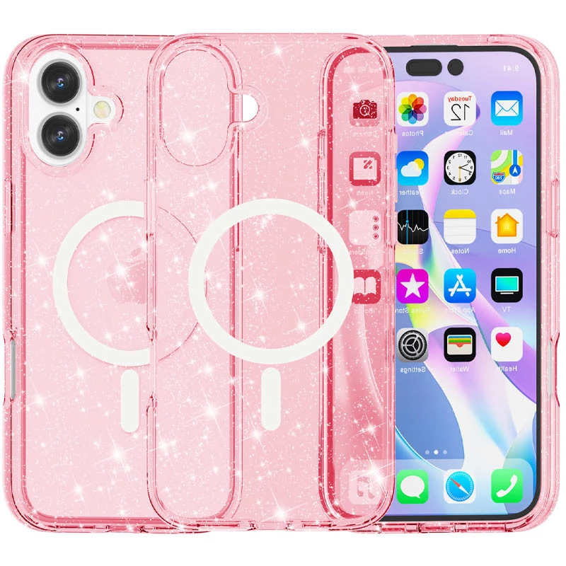 Чехол с блестками и MagSafe на Apple iPhone 16 – Pink+Glitter. Фото 1 из 4