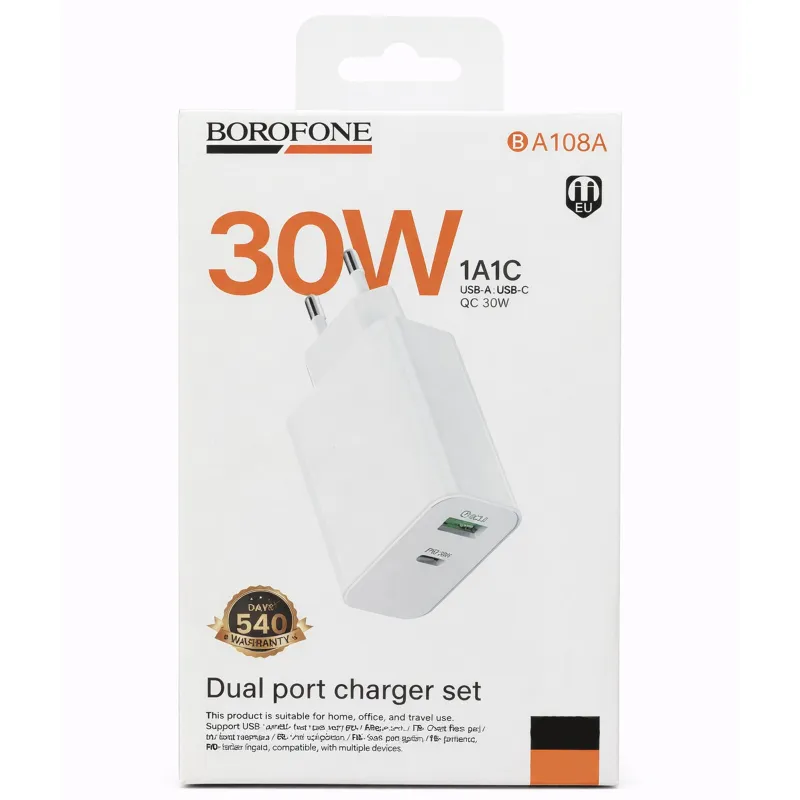 МЗП Borofone BA108A Stellar PD30W+QC3.0 (1USB-A/1C) – White. Фото 2 з 2