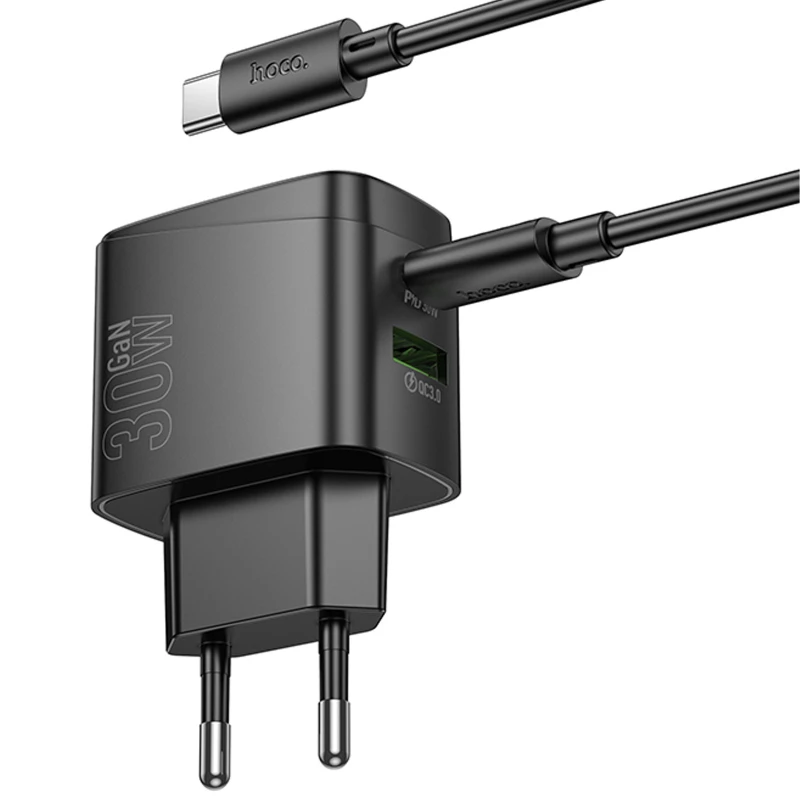 СЗУ Hoco CS61A Bright PD30W+QC3.0 (1USB-A/1C) + кабель Type-C to Type-C – Black. Фото 4 из 6