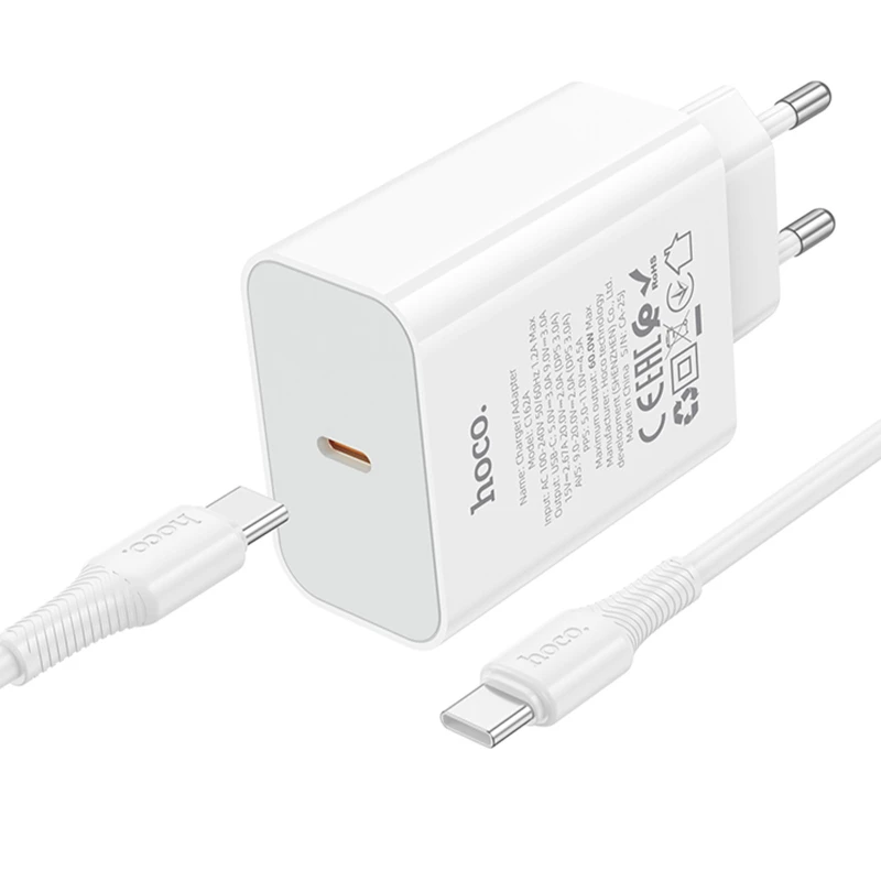СЗУ Hoco C162A Source PD40W (1USB-C) + кабель Type-C to Type-C – White. Фото 5 из 5
