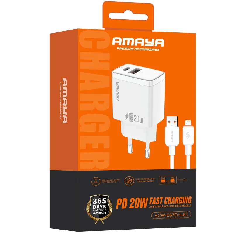 СЗУ Amaya E67D PD20W+QC3.0 (1USB-A/1C) + кабель USB to Lightning – White. Фото 2 из 2