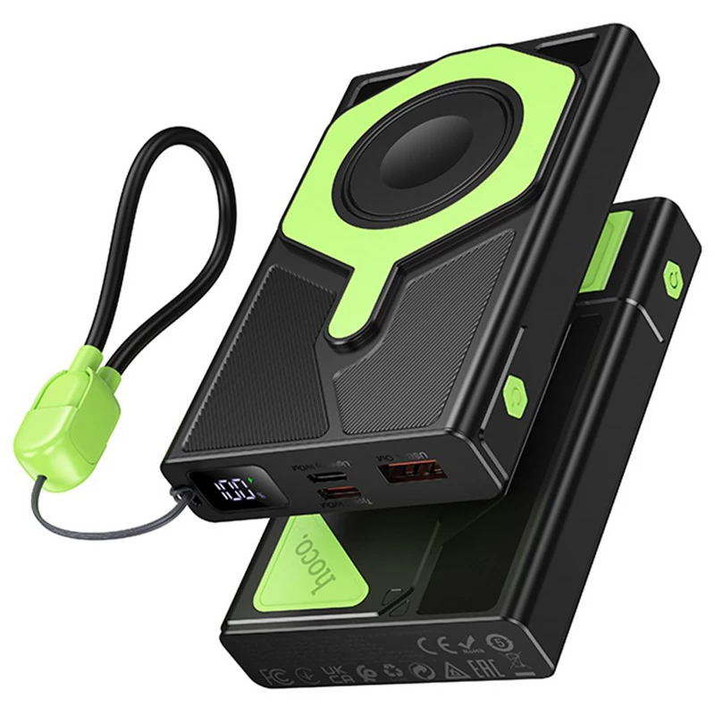Портативний ЗП Power Bank Hoco DB83 22.5W+PD20W з БЗП+Watch 10000 mAh – Black / Green. Фото 1 з 6