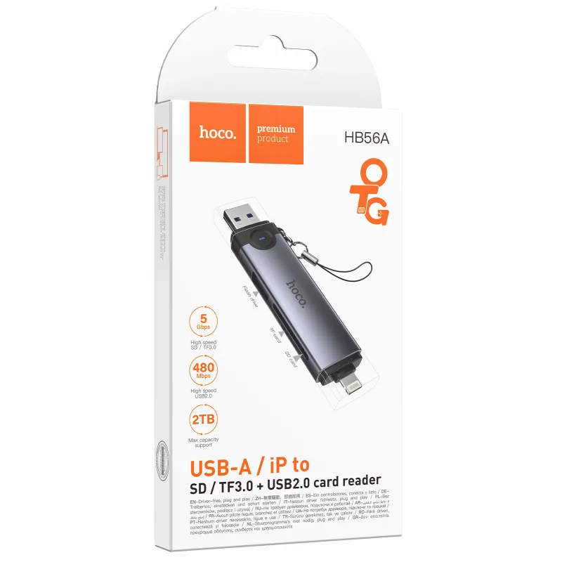 Картридер Hoco HB56A Victory 5in1 Lightning/USB2.0 to SD/TF3.0 + USB 2.0 – Metal gray. Фото 2 з 6