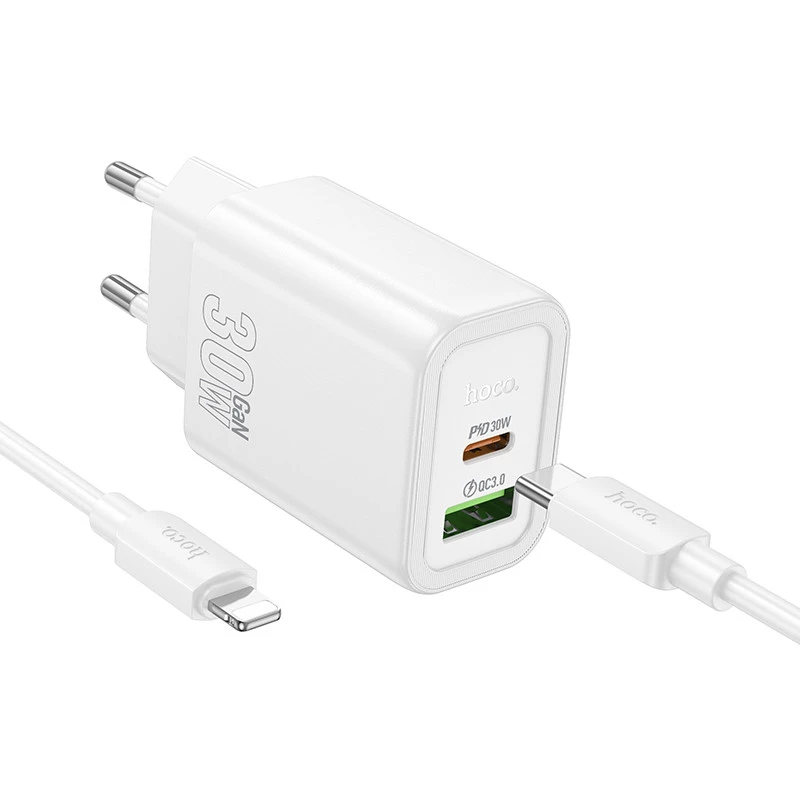 СЗУ Hoco N63 Gentle PD30W+QC3.0 (1USB-A/1C) + кабель Type-C to Lightning – White. Фото 4 из 8