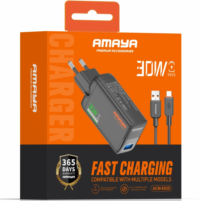 СЗУ Amaya E82D QC3.0 30W (1USB-A) + кабель USB to Type-C – Black. Фото 2 из 2