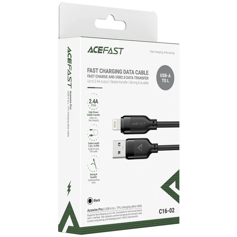 Дата кабель Acefast C16-02 USB to Lightning 2.4A (1.2m) – Black. Фото 2 з 5