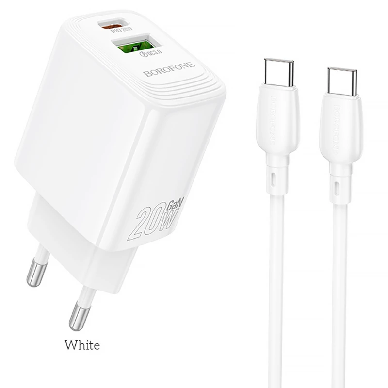 МЗП Borofone BN27 Fuente PD20W+QC3.0 (1USB-A/1C) + кабель Type-C to Type-C – White. Фото 1 з 6