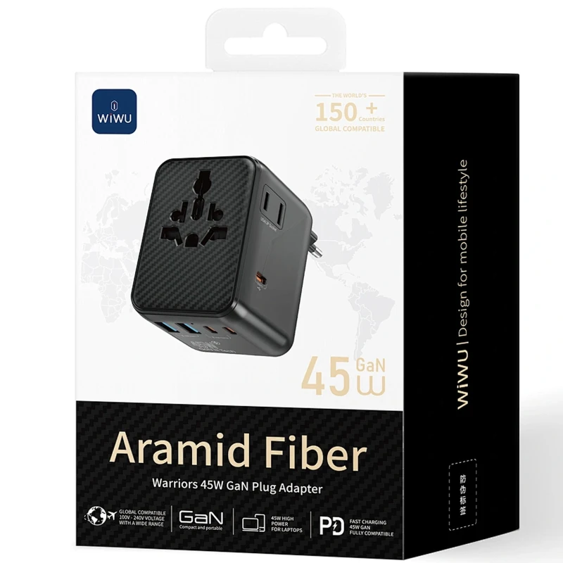 Мережевий універсальний перехідник WIWU UA010 Warrior GaN 45W + 2USB-A/3C – Black. Фото 3 з 6