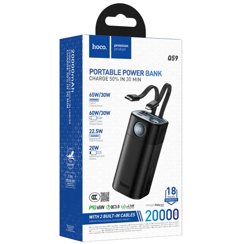 Портативное ЗУ Power Bank Hoco Q59 Chispeante PD65W with cables 20000 mAh – Black. Фото 2 из 7