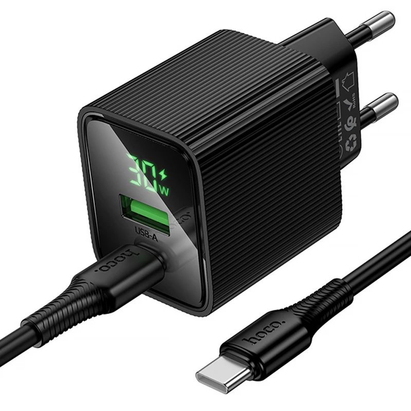 МЗП Hoco CS84A Excellent with digital display PD30W+QC3.0 (1USB-A/1C) + кабель Type-C to Type-C – Black. Фото 4 з 4