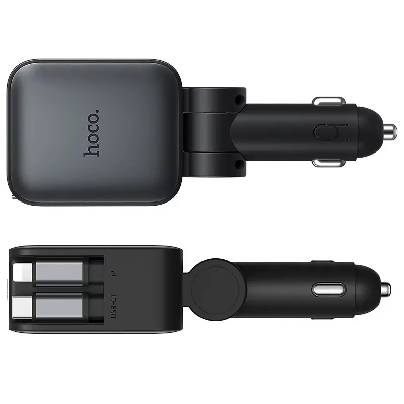 АЗП Hoco Z67A Triunfar PD45W+QC3.0 total 60W with retractable cables (1USB-A/2C/1L) – Metal gray. Фото 2 з 4
