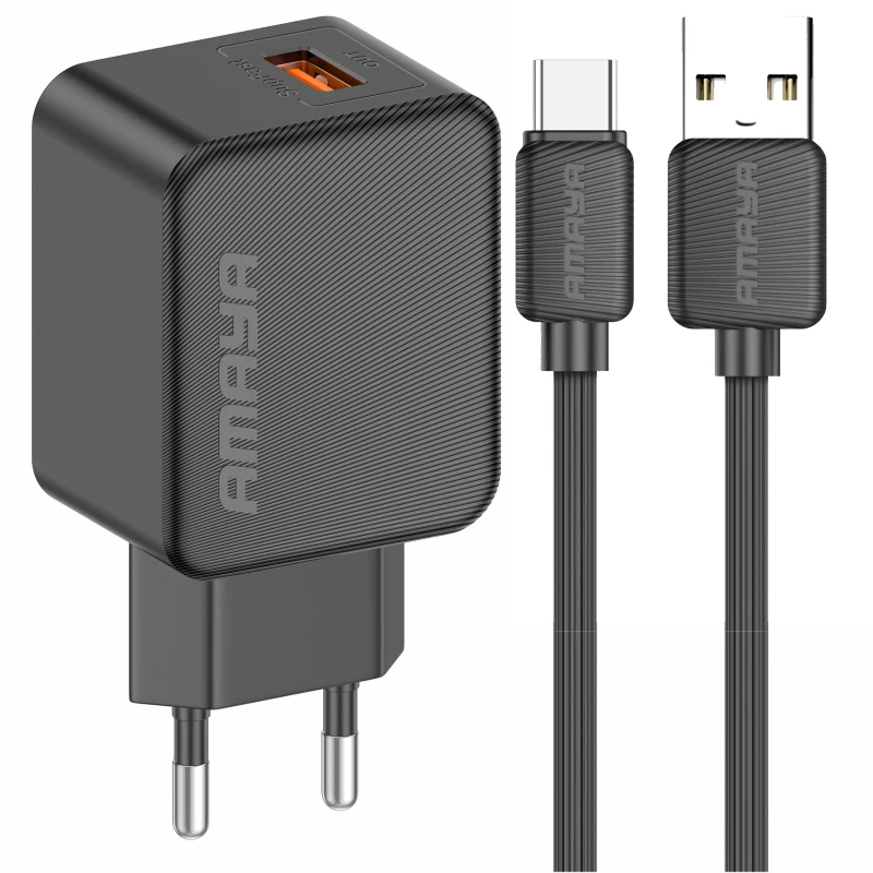 МЗП Amaya E111U QC3.0 18W (1USB-A) + кабель USB to Type-C – Black. Фото 1 з 2