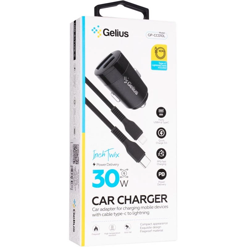 АЗУ Gelius Inch Twix GP-CC010L USB+Type-C (QC/PD30W) + Type-C to Lightning – Black. Фото 5 из 6