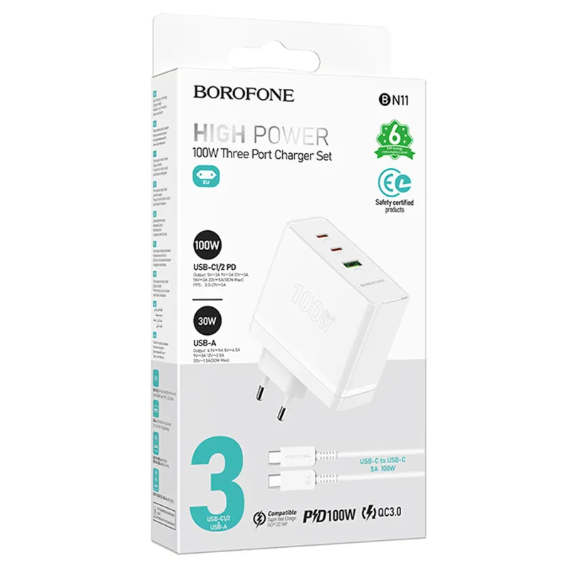 МЗП Borofone BN11 Imperial PD100W+QC3.0 (1USB-A/2C) + кабель Type-C to Type-C – White. Фото 2 з 6