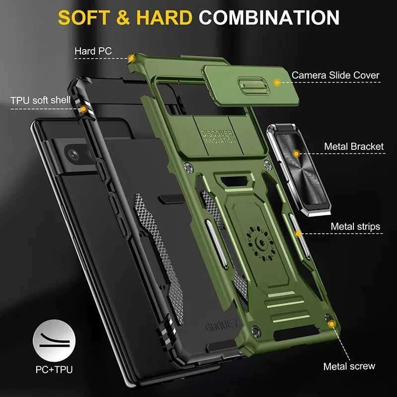 Ударостійкий чохол Square Ring зi шторкою на камеру на Google Pixel 7 Pro – Оливковий / Army Green. Фото 3 з 7